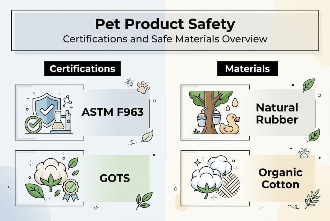 Infographic of pet product safety certifications and materials