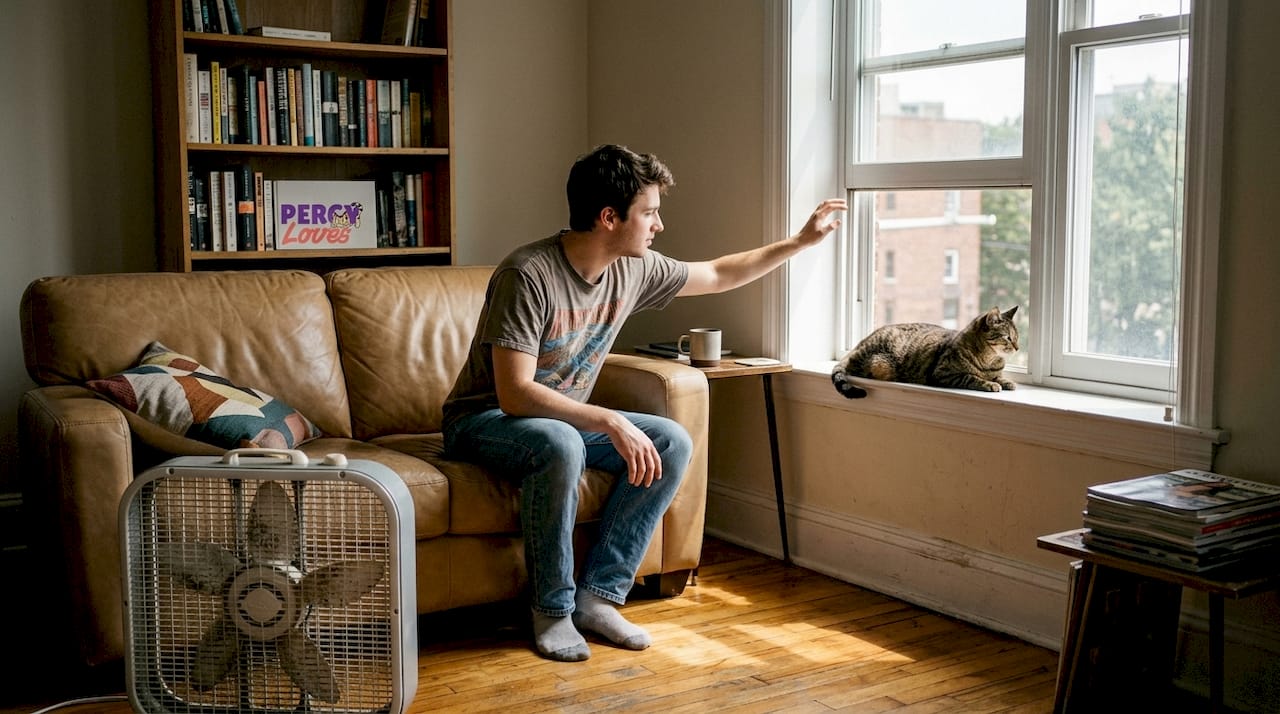 Man opening window near pet cat