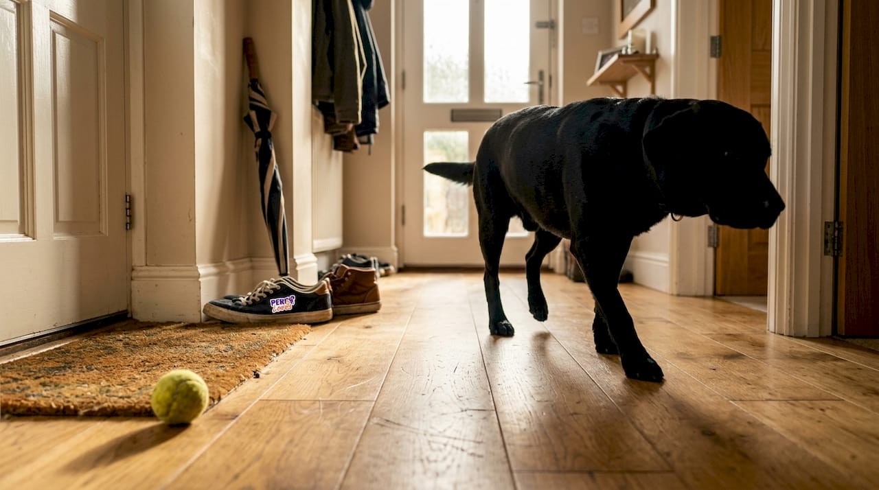 Large dog walking on durable hardwood floor