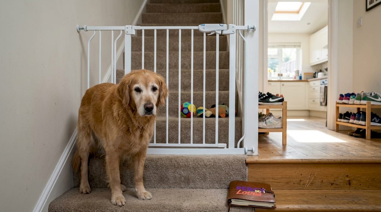 Senior dog waiting by baby gate at stairs