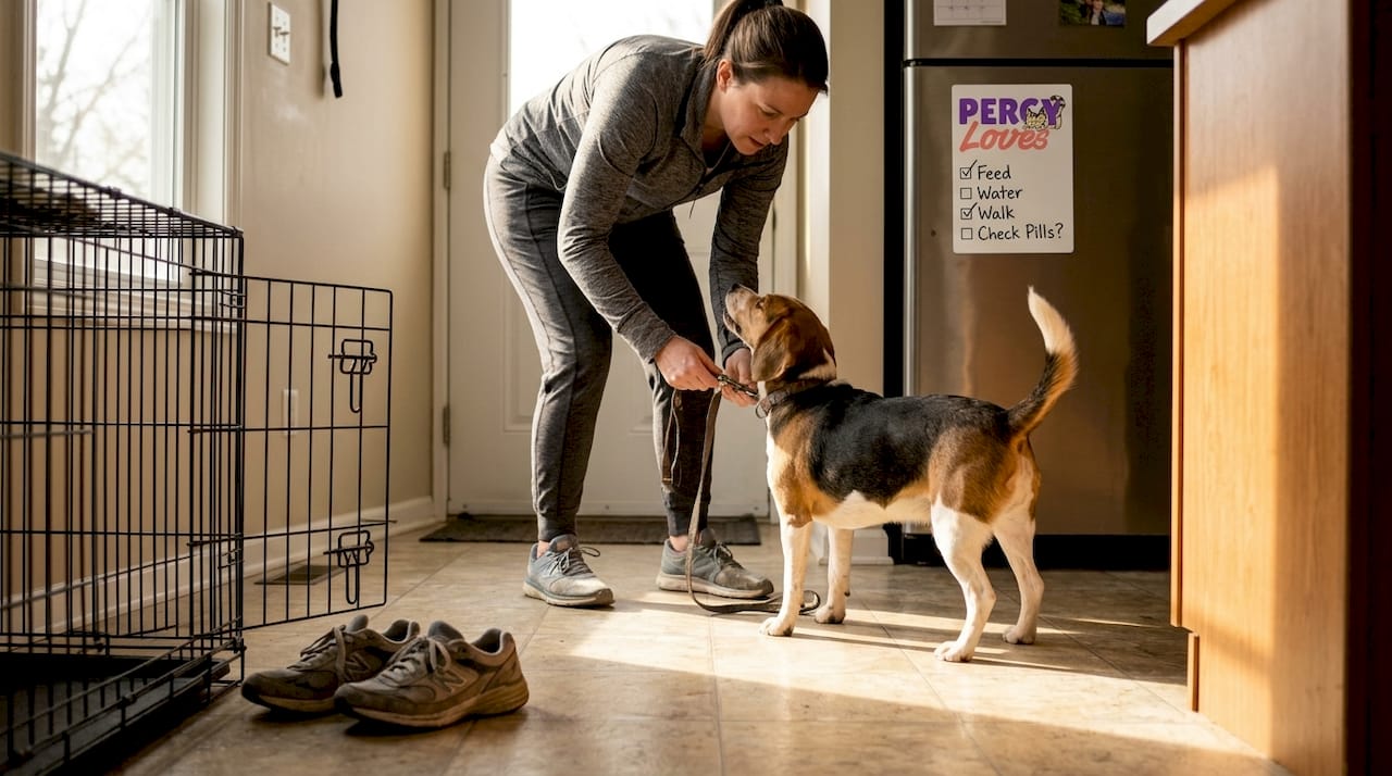 Owner preparing for daily dog walk