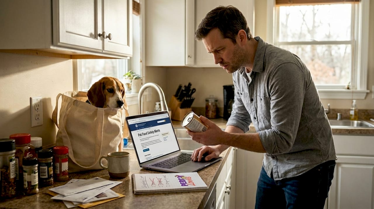 Man checks pet food recall on laptop in kitchen