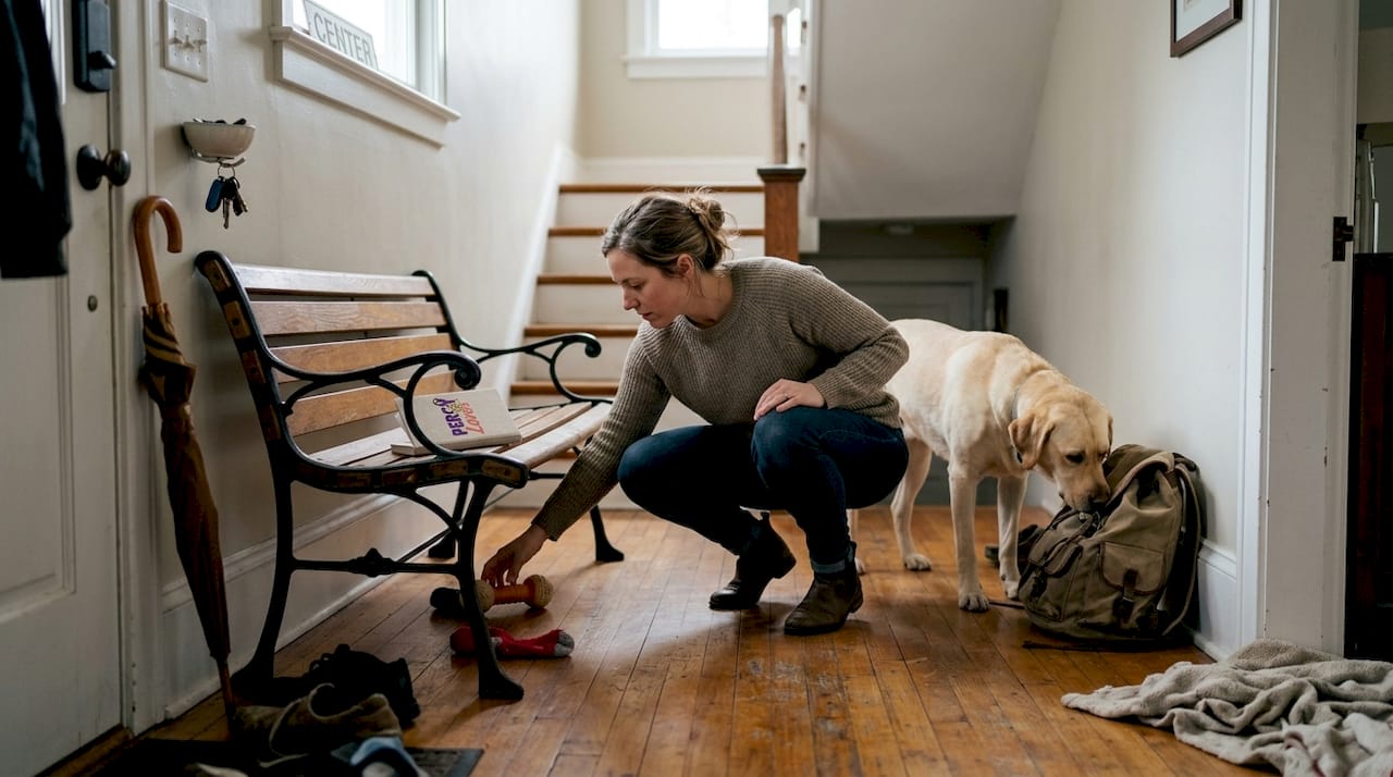 Woman checking home for dog hazards