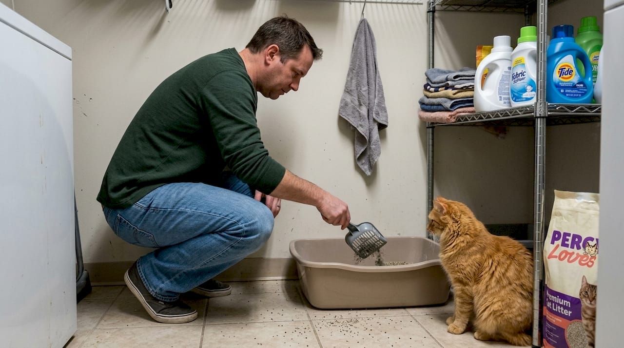 Man scooping cat litter box in laundry room
