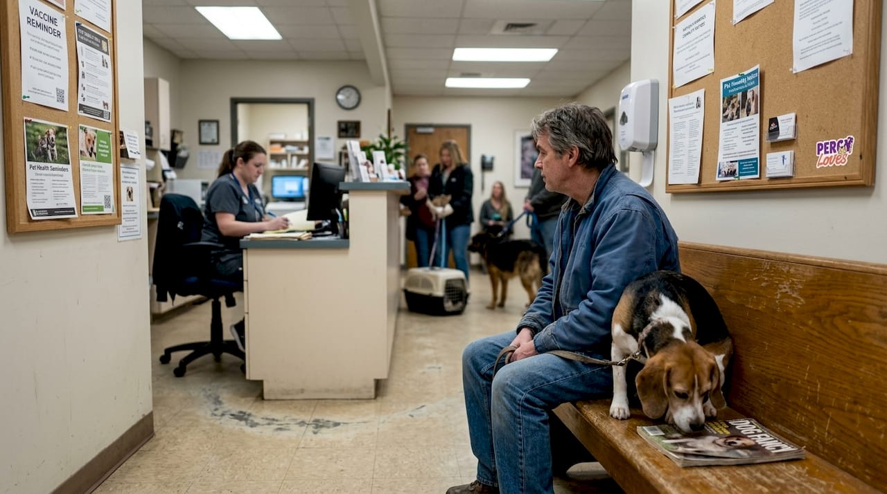 Pet owner and dog waiting at vet clinic