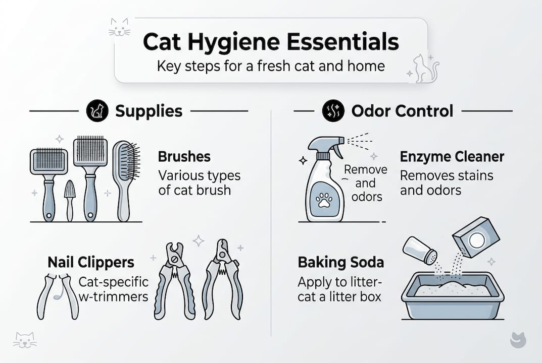 Infographic showing cat hygiene and odor steps