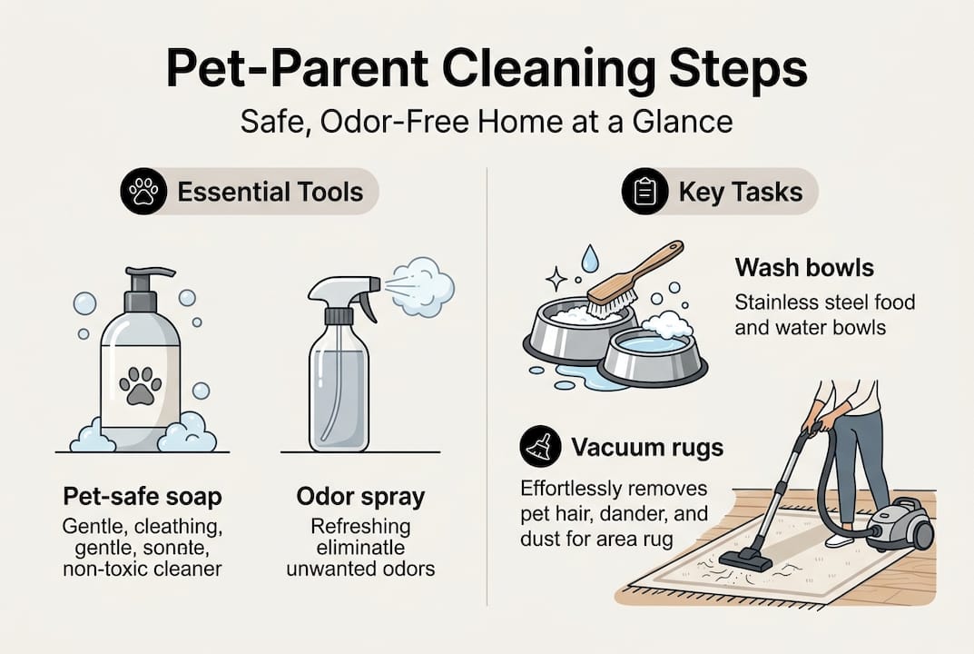 Infographic of pet cleaning steps and tools