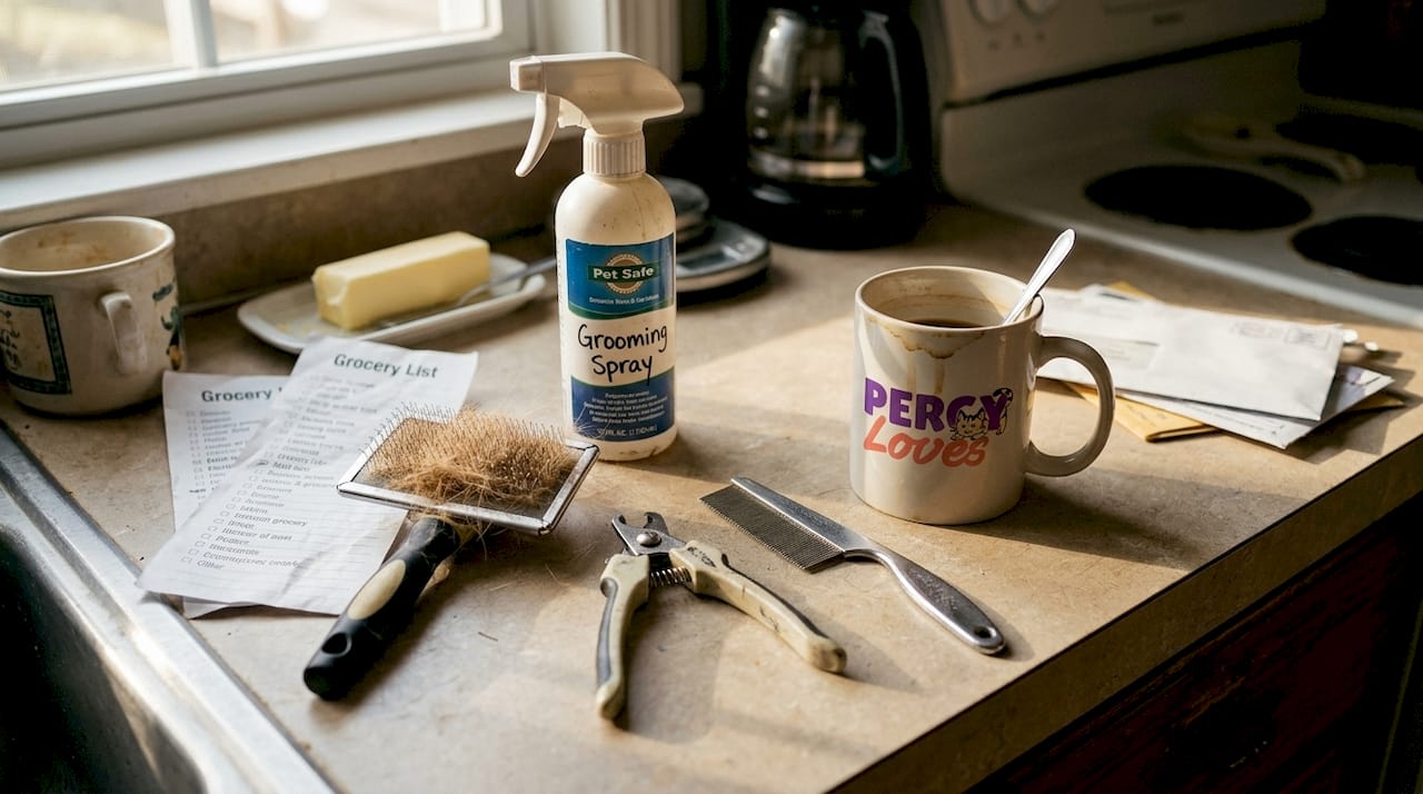 Cat grooming brushes and tools on kitchen counter