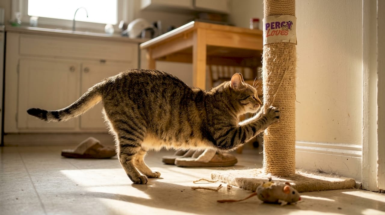 Tabby cat scratching well-used sisal post