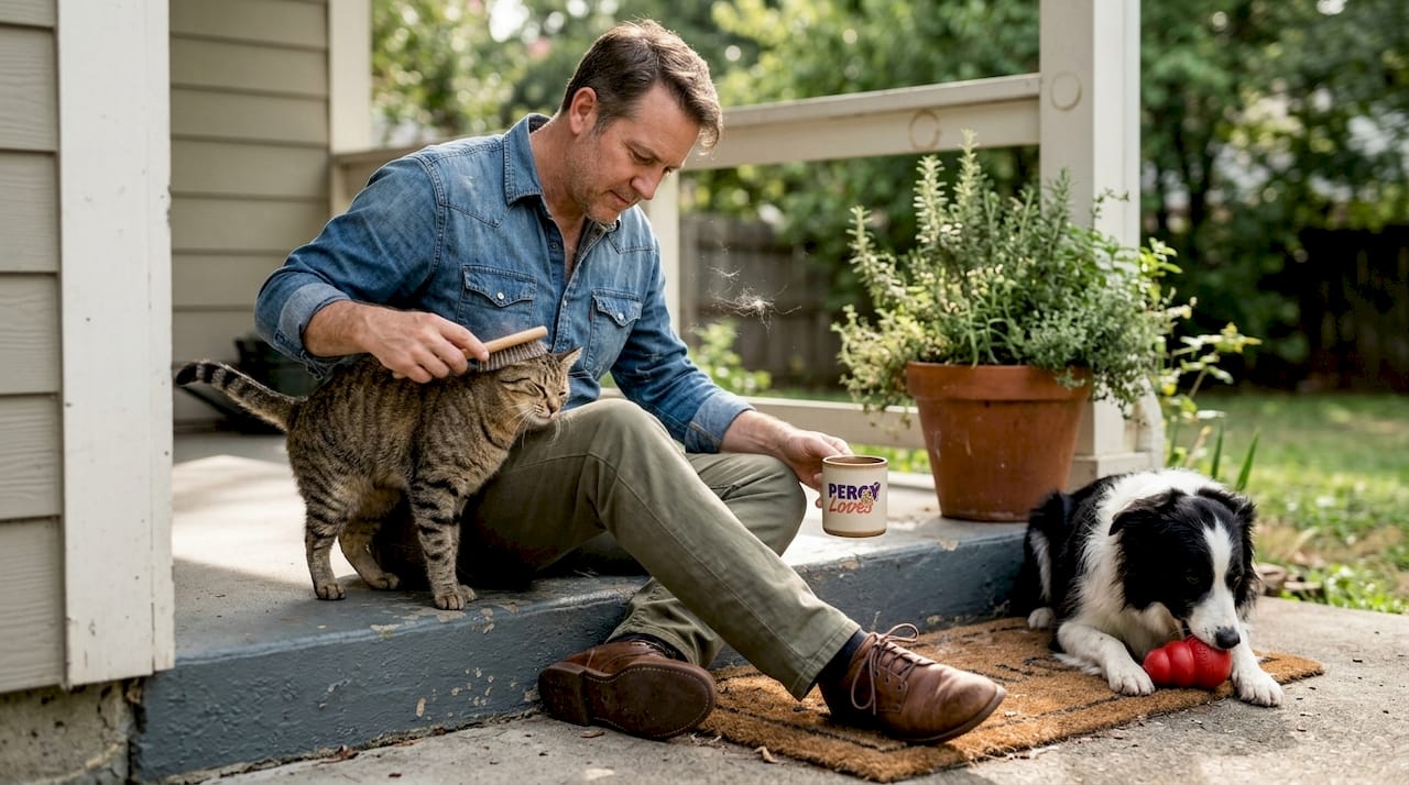 Man brushing cat on back porch with dog nearby