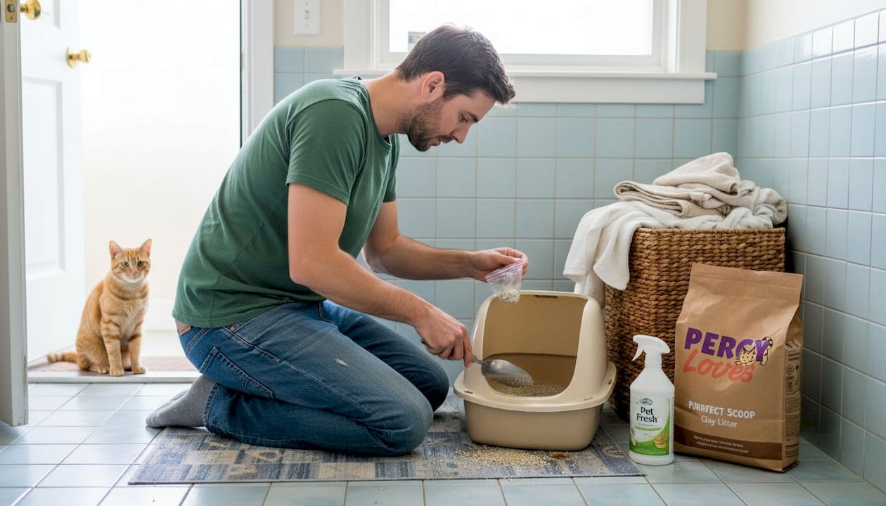 Cat parent scooping litter box, cleaning routine