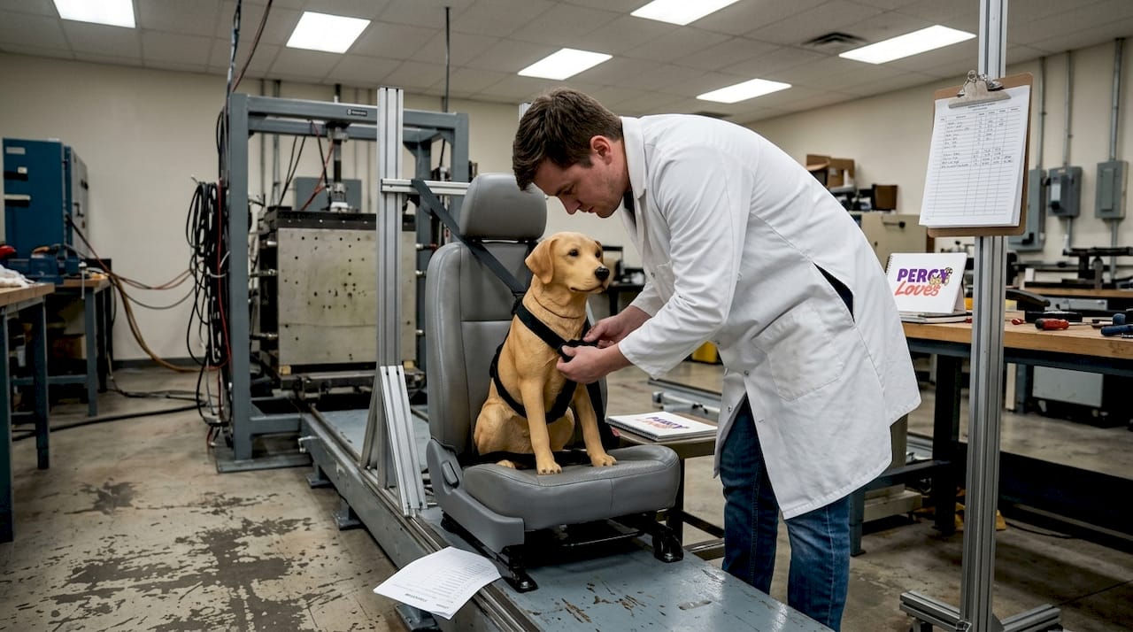 Pet harness being prepared for crash safety test