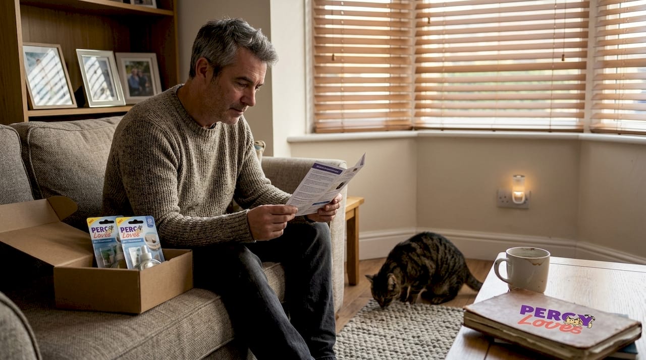 Man reading product leaflet as cat investigates