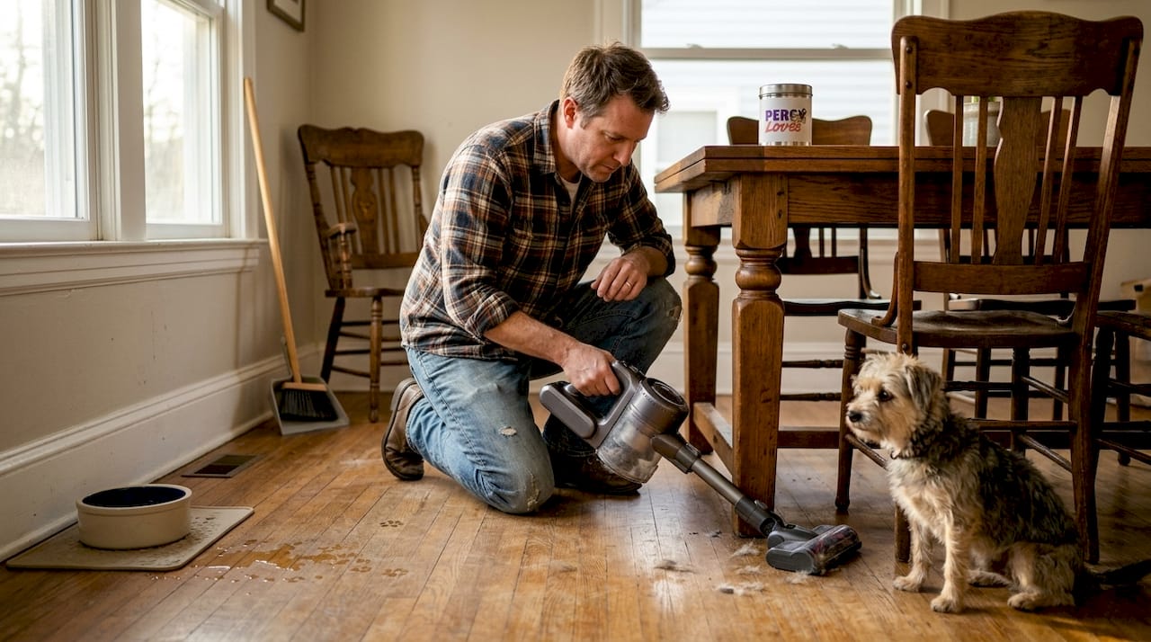 Man vacuuming dog fur under dining table