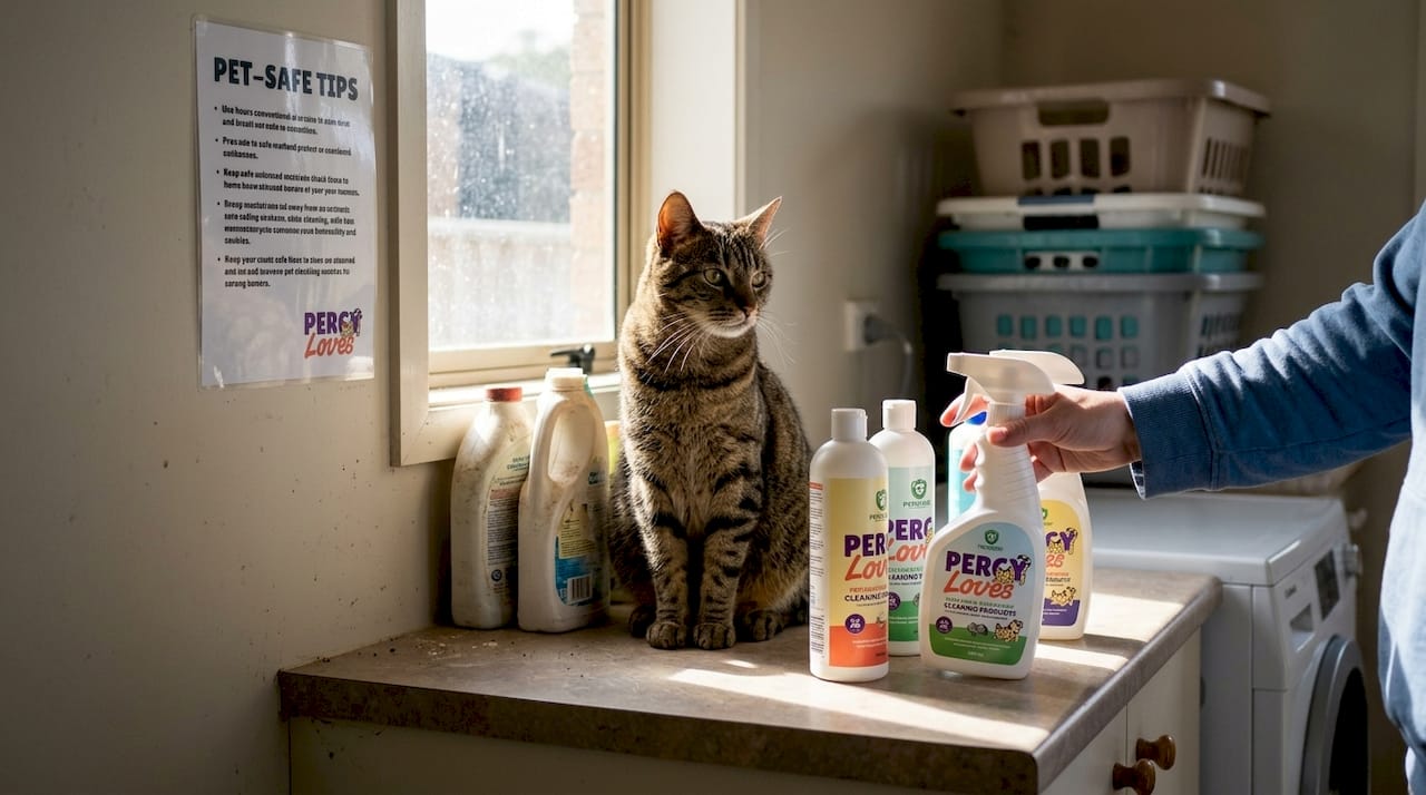 Cat among pet-safe cleaning products