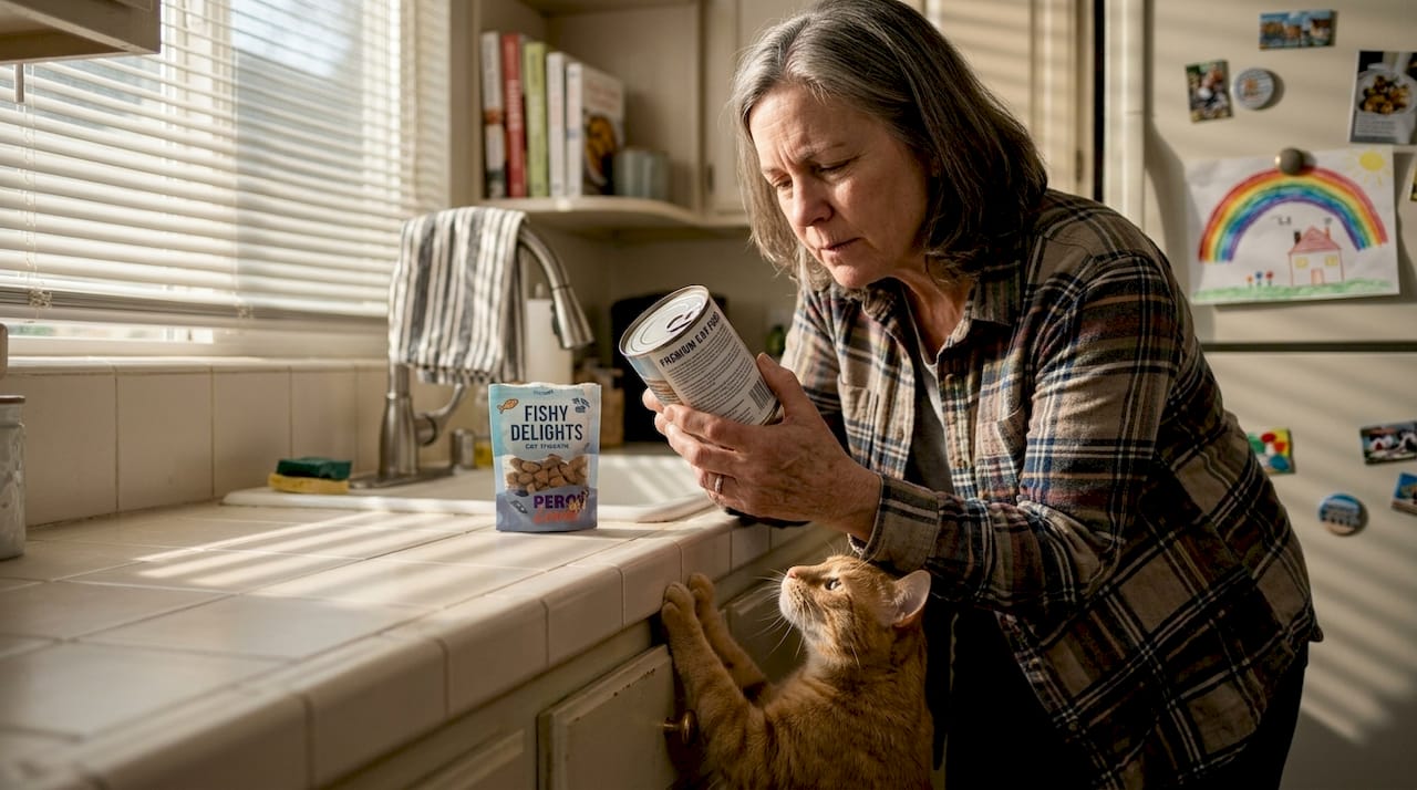 Pet owner reading label with cat nearby