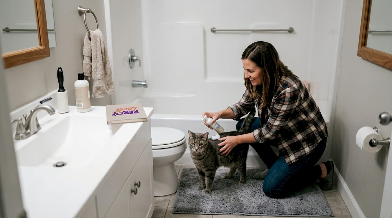 Applying waterless shampoo to cat in bathroom