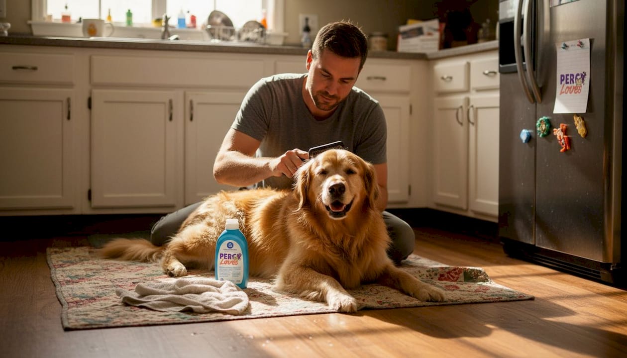 Man grooming large dog after bath at home
