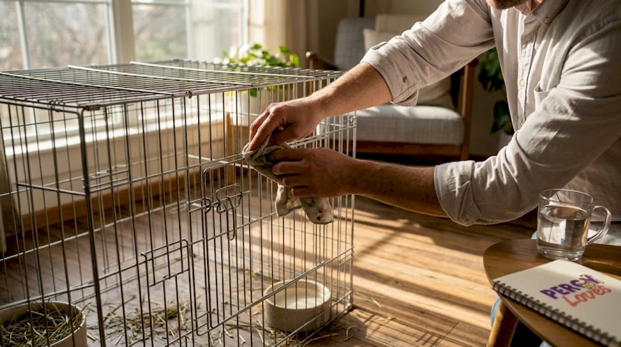 Cleaning rabbit cage close-up hands details