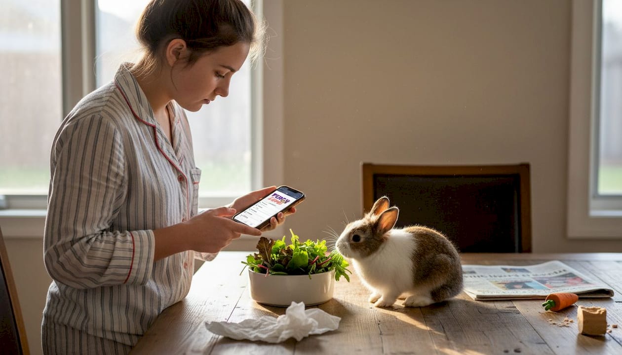 Girl feeding rabbit fresh greens at table