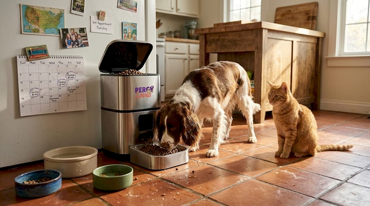 Automatic pet feeder with cat and dog eating