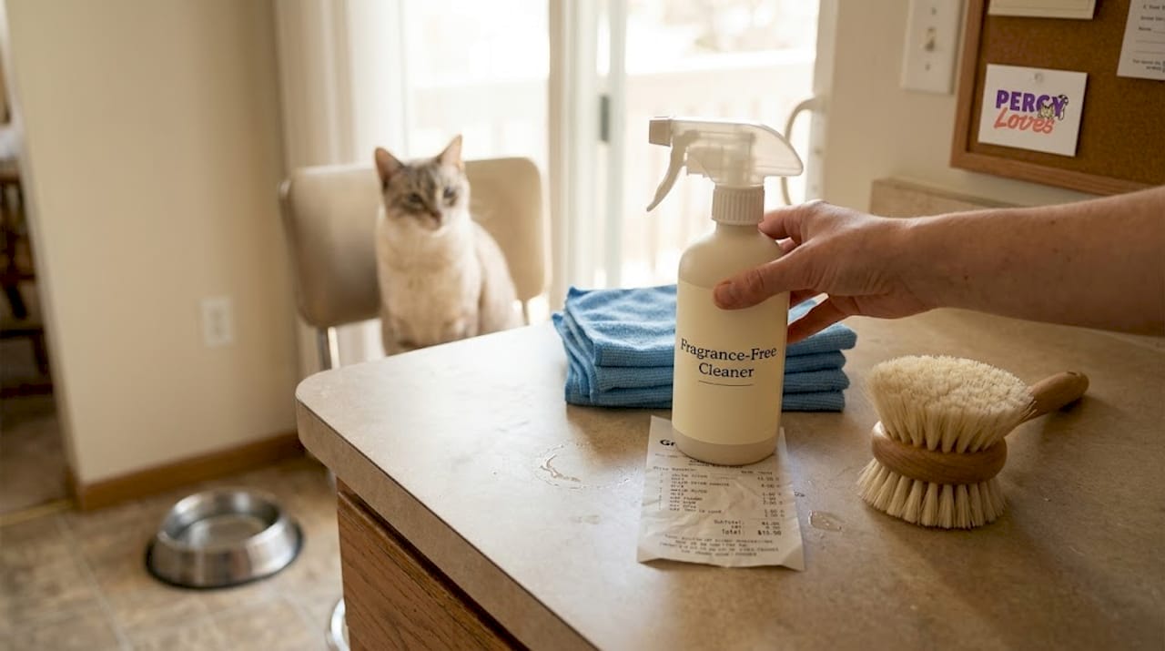 Close-up of pet-safe cleaning supplies and tools