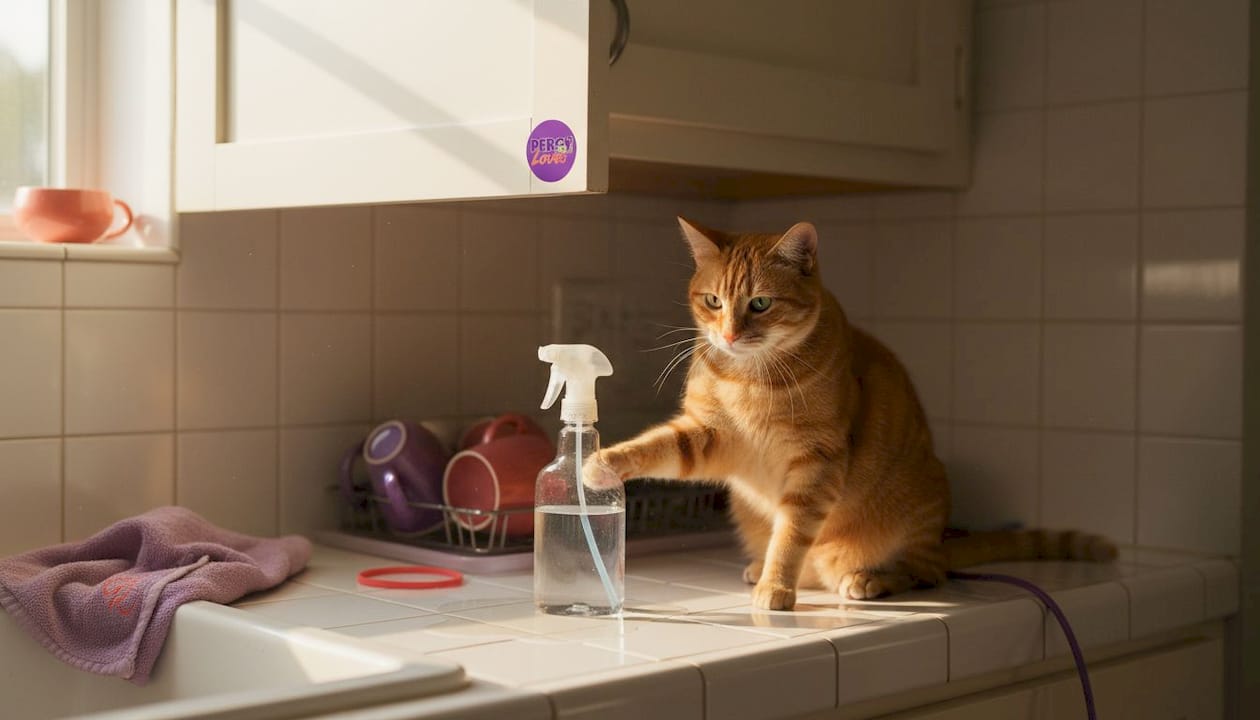 Cat near cleaning spray, cords, kitchen hazards