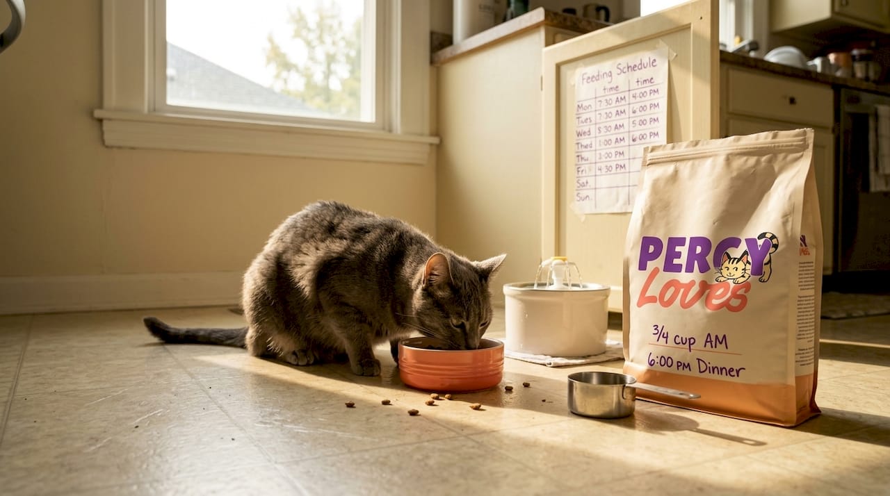 Cat eats from bowl in home kitchen