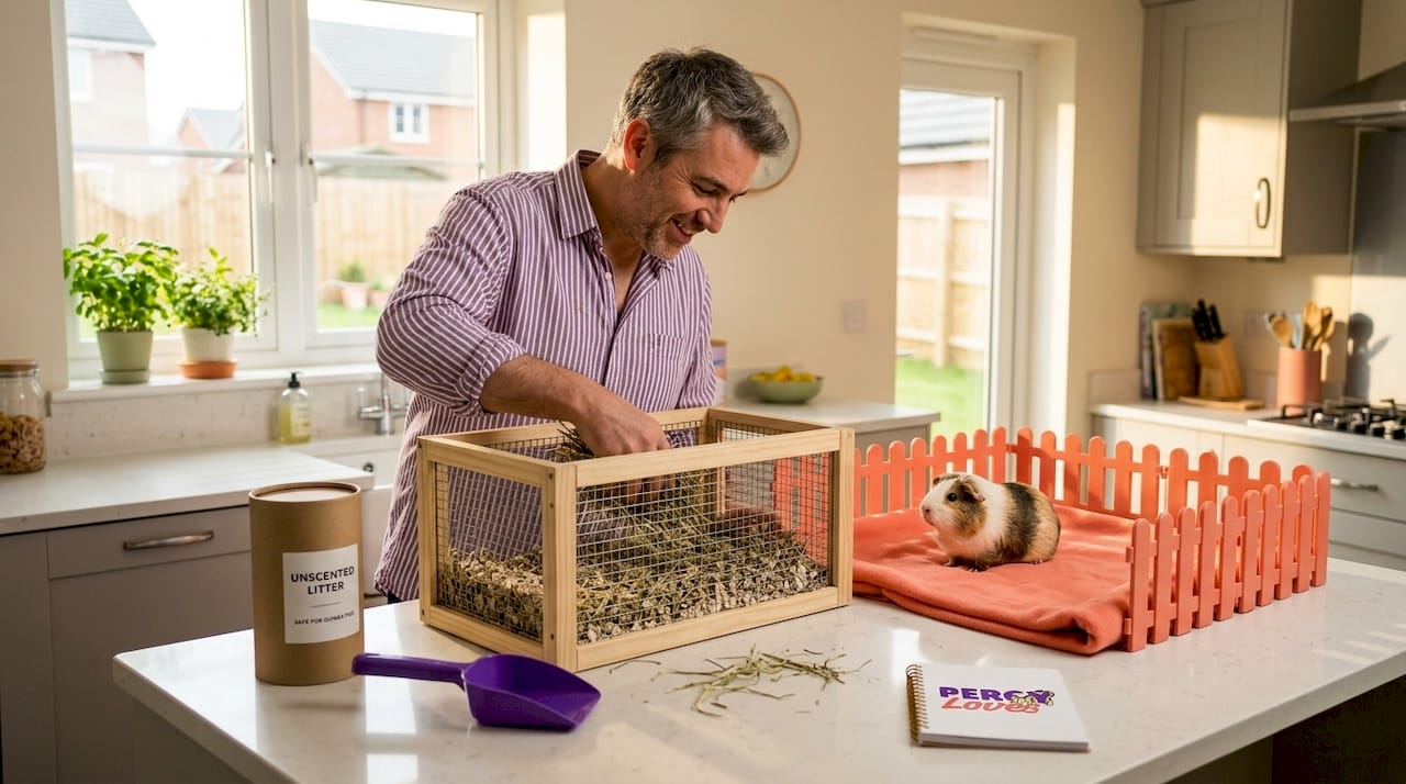 Man changing guinea pig bedding in kitchen