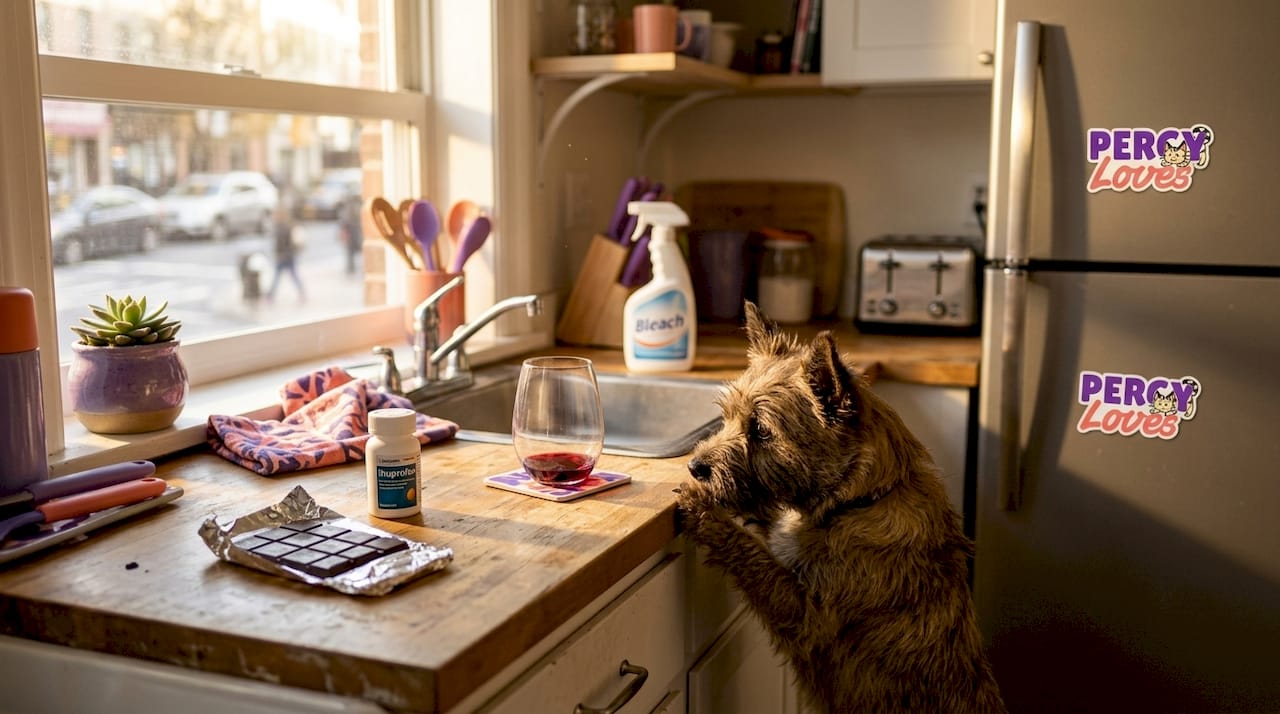 Pet reaching for household hazards on kitchen counter