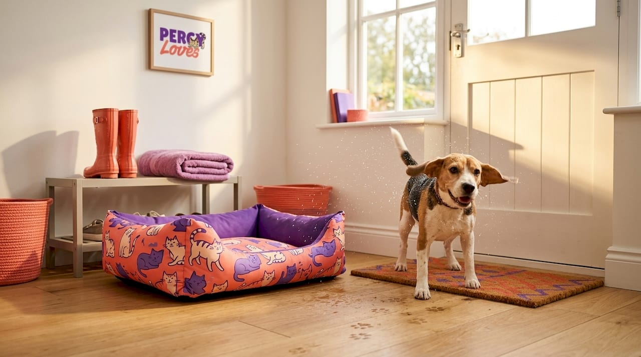 Dog entering clean entryway with pet bed