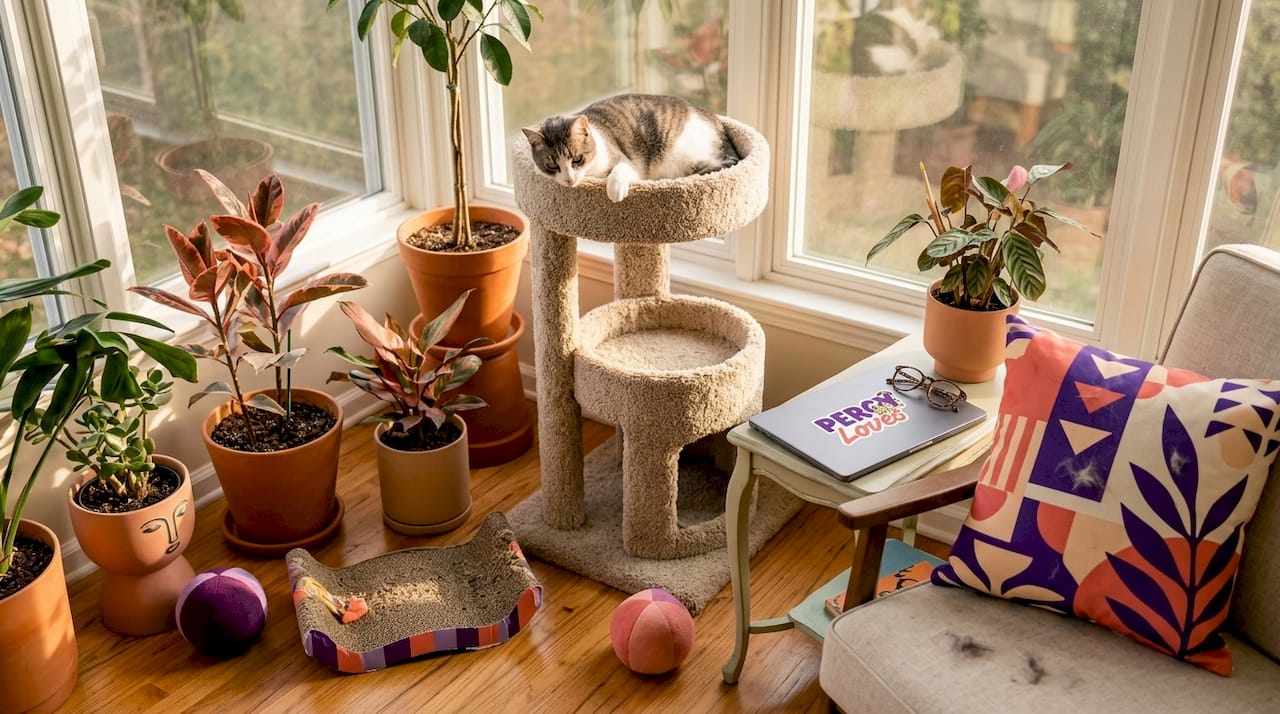 Cat lounging on multi-level cat tree by window