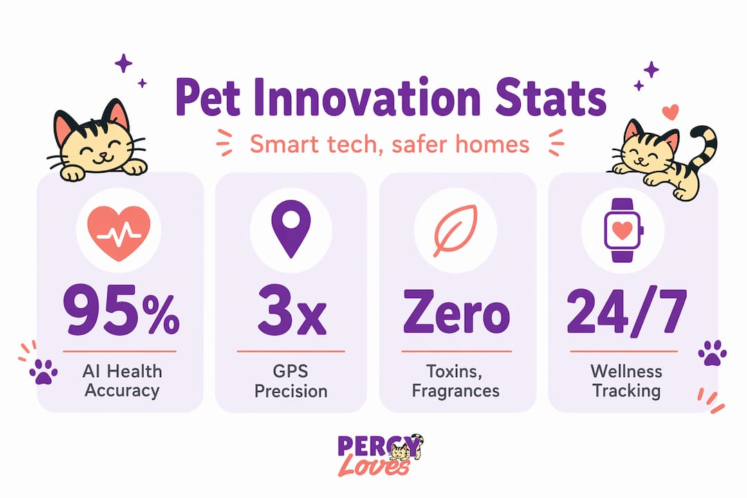 Pet innovation infographic with key statistics on health tech, GPS, safety, and wellness