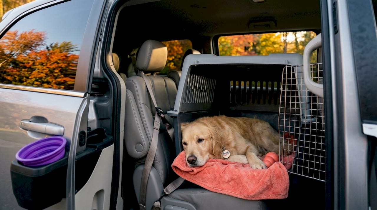Golden retriever in anchored travel crate in car