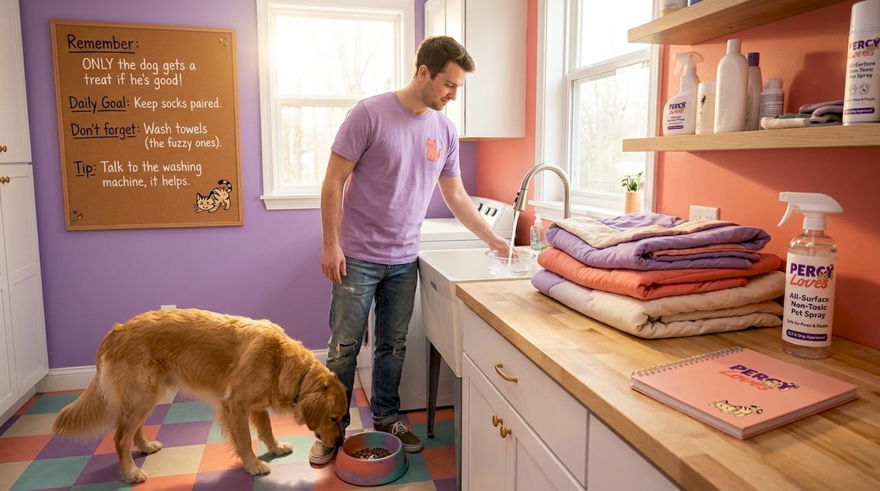 Man practicing daily pet odor prevention habits