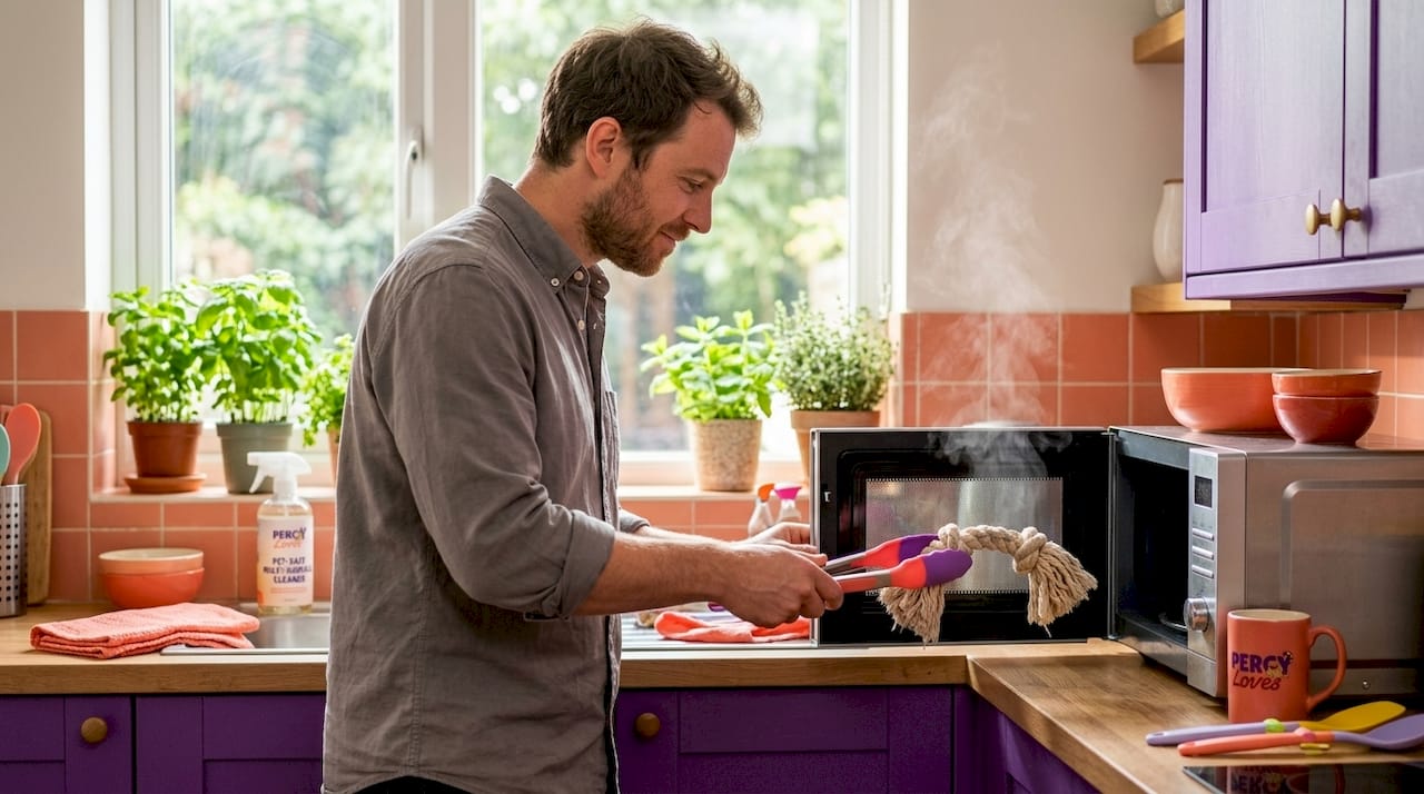 Man microwaving rope dog toy with tongs