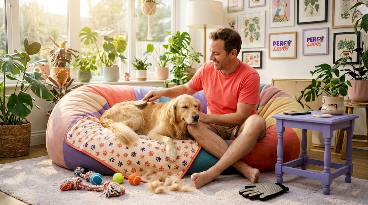 Man brushing dog in sunlit apartment corner