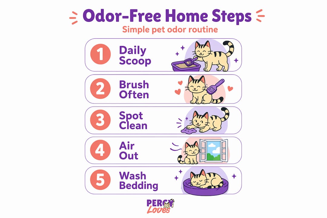 Infographic showing five steps to odor-free pet home