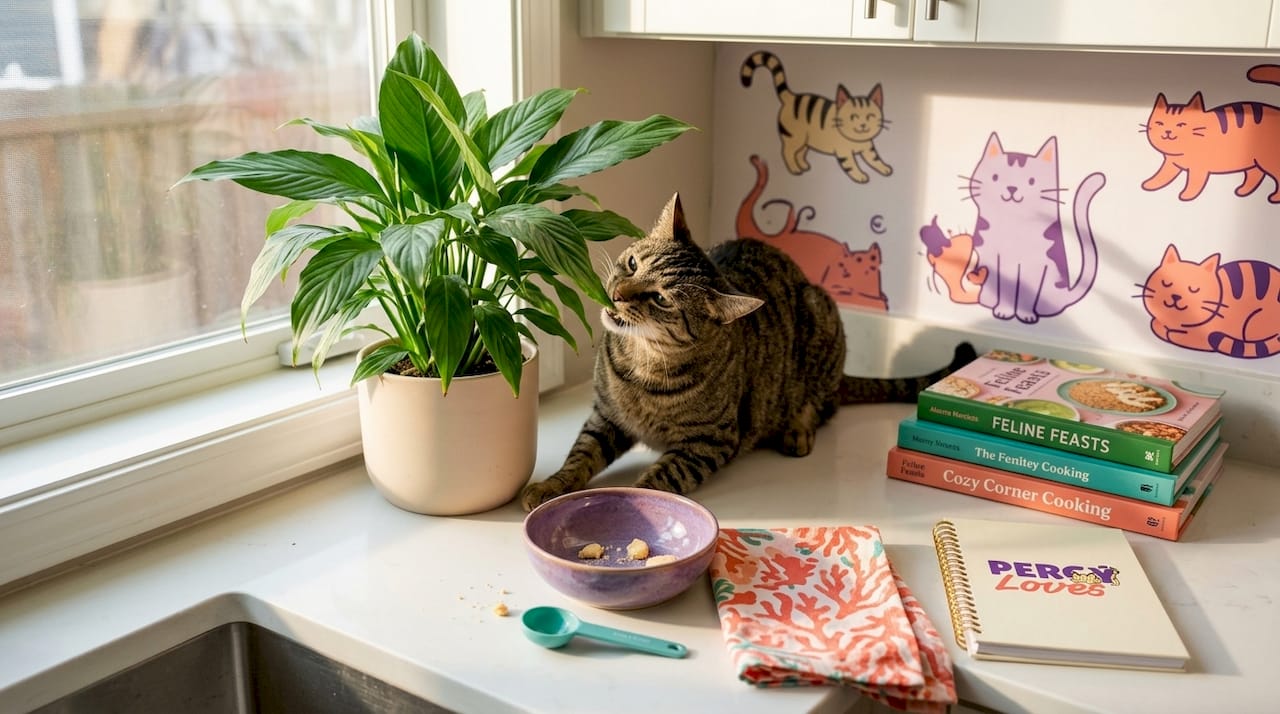 Cat chewing on houseplant in kitchen