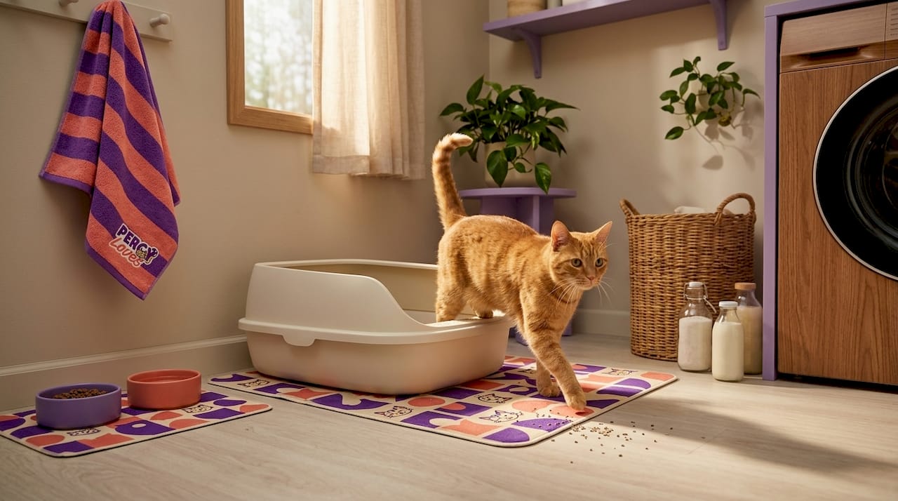 Cat near litter box in bathroom corner