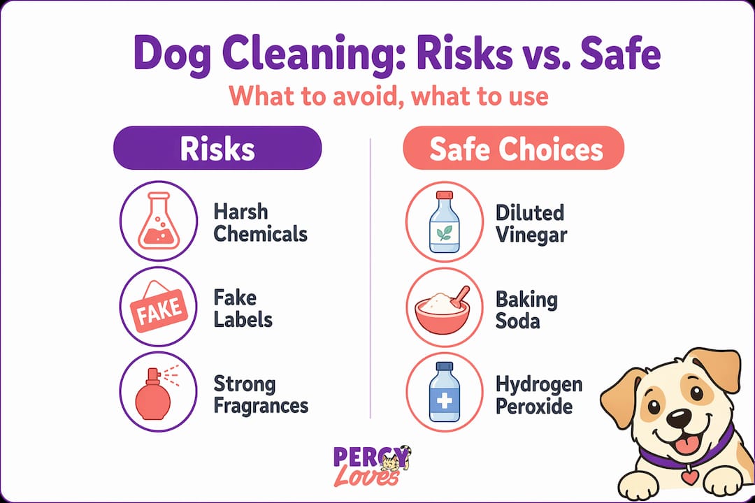 Infographic contrasting risky vs. safe dog cleaning choices
