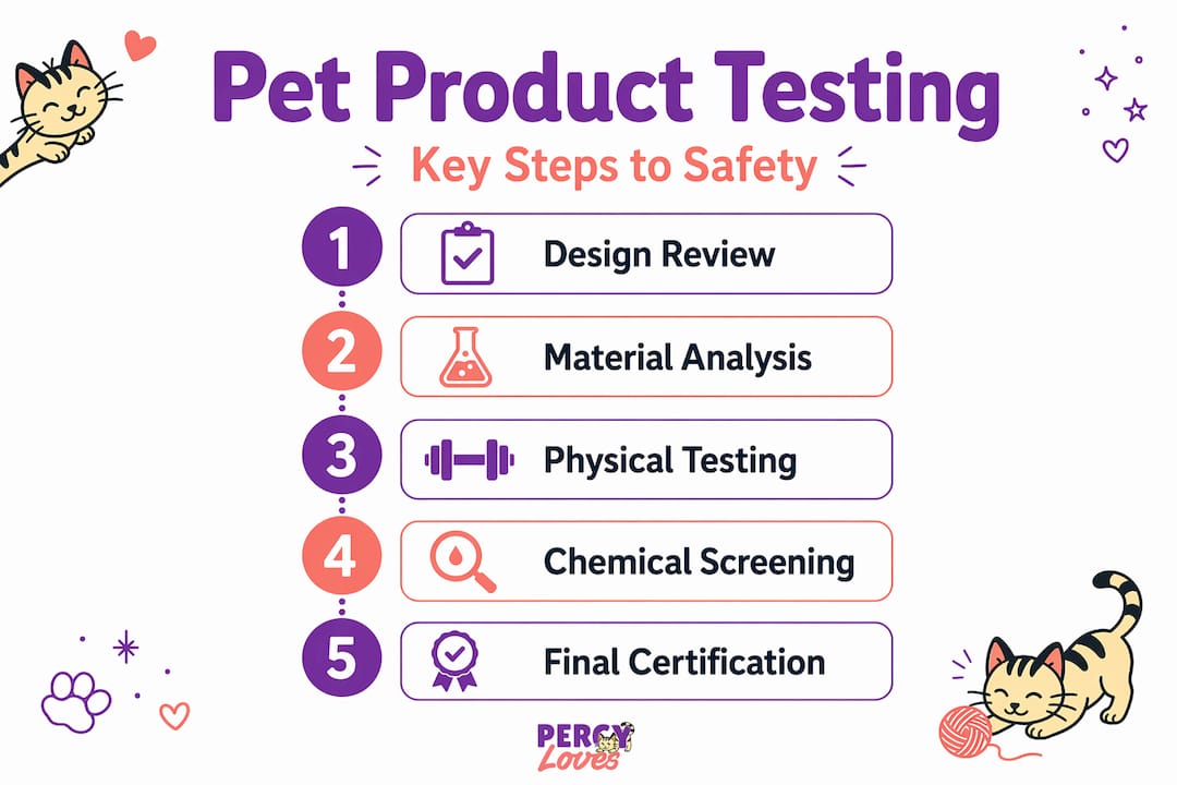 Infographic showing 5 key steps in pet product safety testing