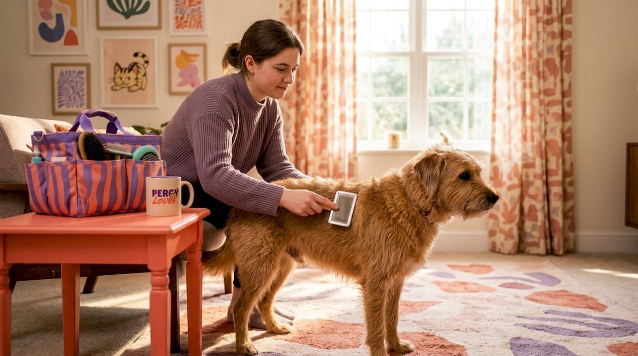 Hands grooming dog coat in sunlit kitchen