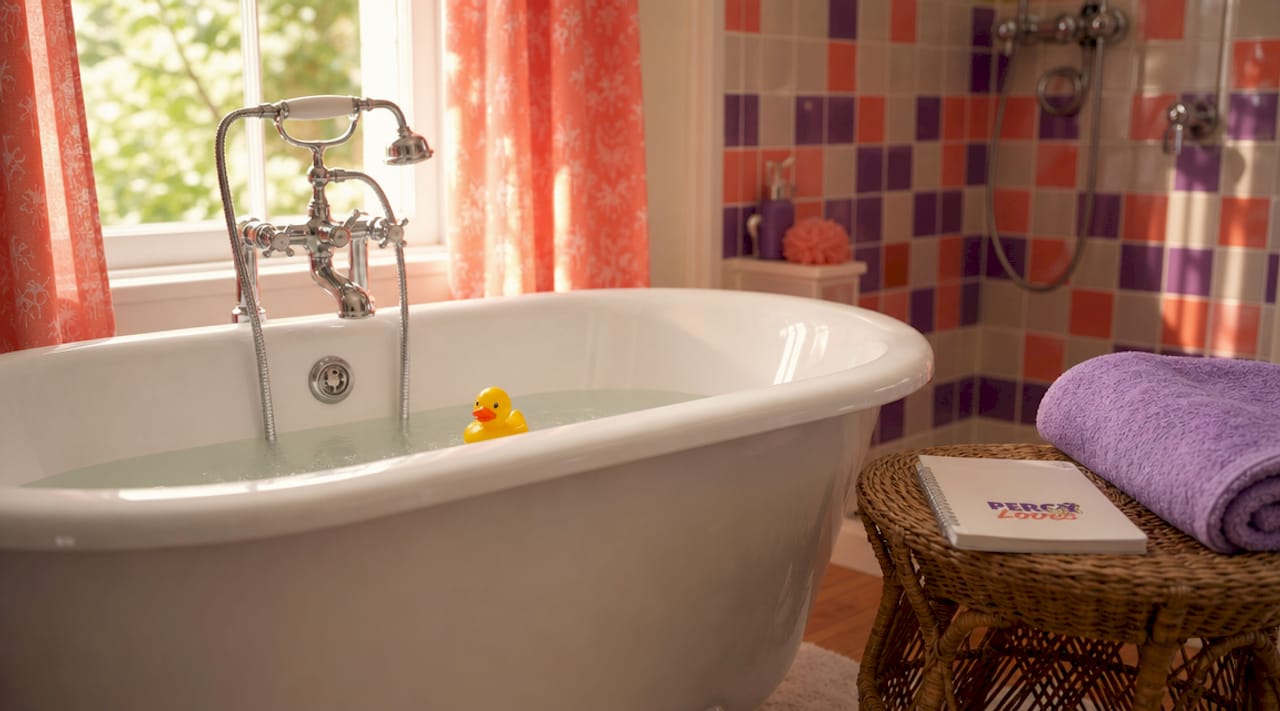 Prepared bathroom for safely bathing cat