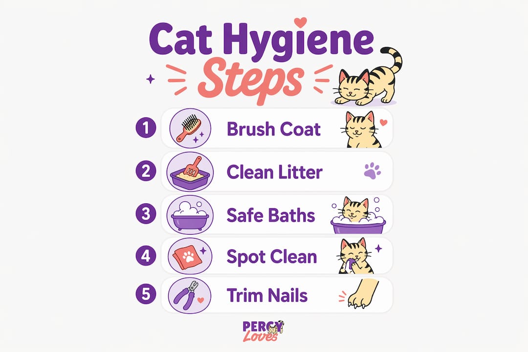 Infographic showing cat hygiene care steps