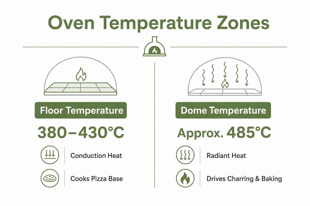 Infographic comparing floor and dome temperatures in pizza oven