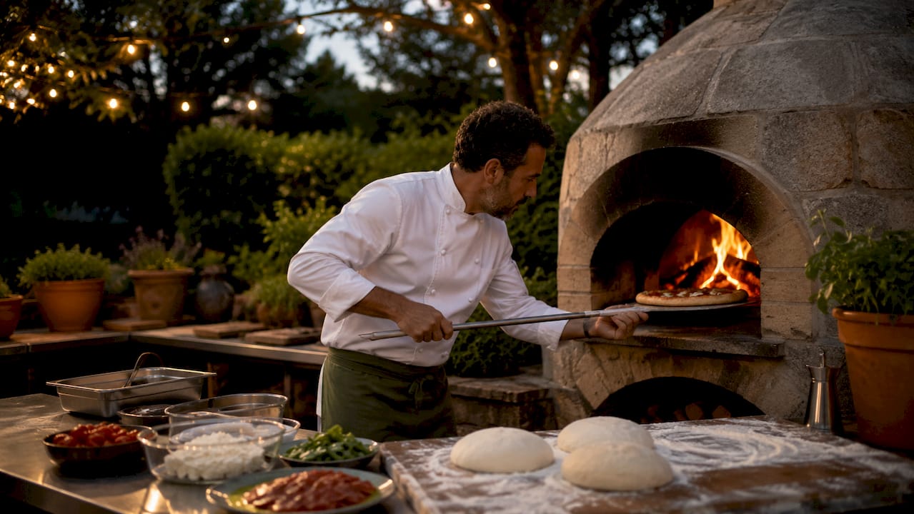 Hombre cocinando pizza en horno de leña exterior