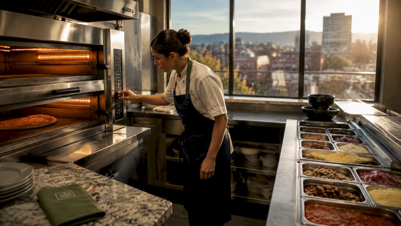 Chef adjusting pizza oven temperature controls