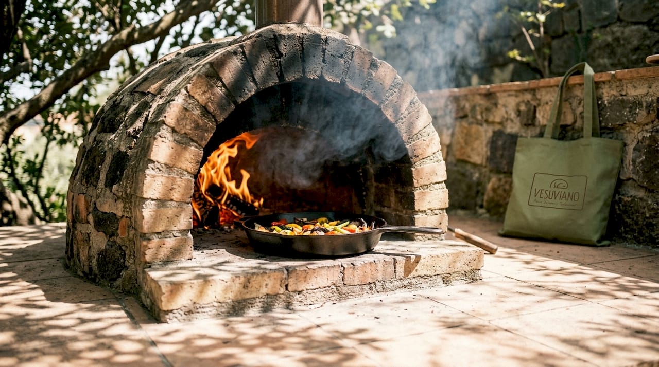 Primo piano dell'interno di un forno a legna che mostra le zone di cottura