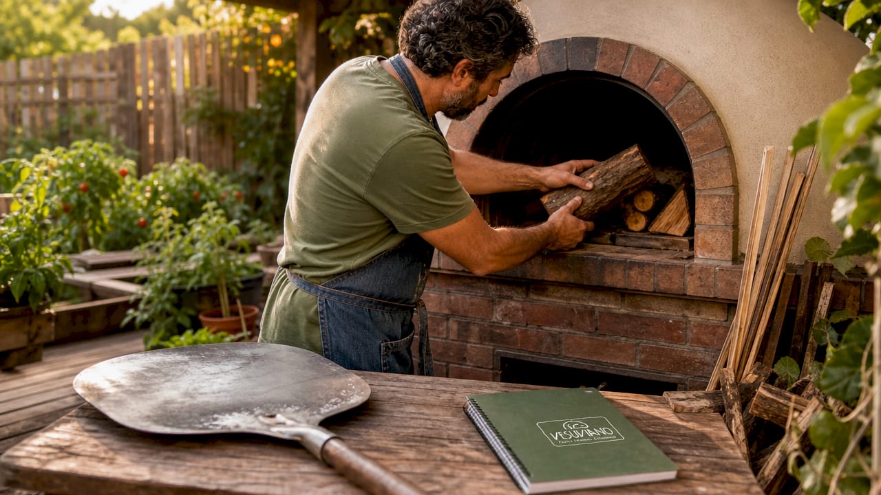 Uomo che carica legna in un forno a legna all'aperto